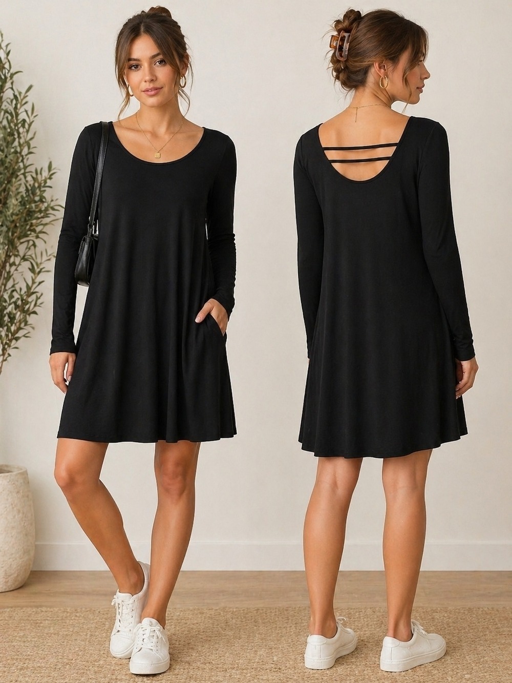 Black A-Line Swing Dress L Minimalist Long Sleeve Scoop Neck Strappy Back Flowy